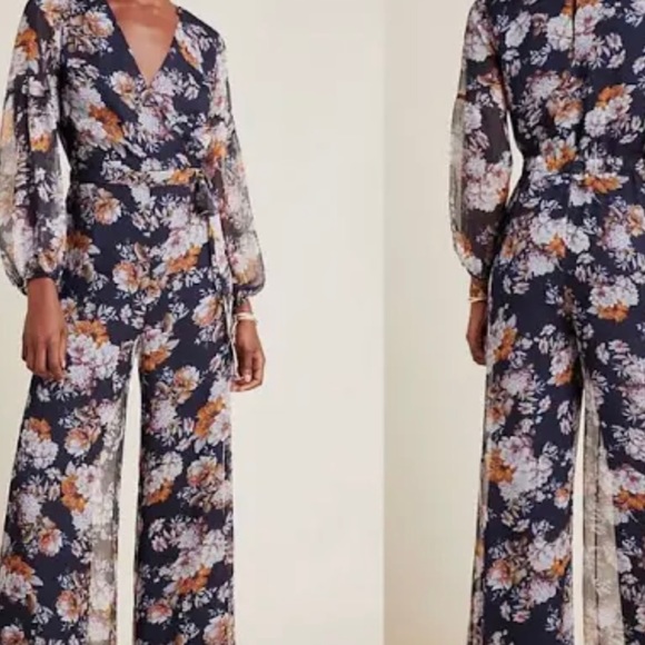 Floral jumpsuit with sheer long sleeves and side tie. Never been worn. - Picture 1 of 6